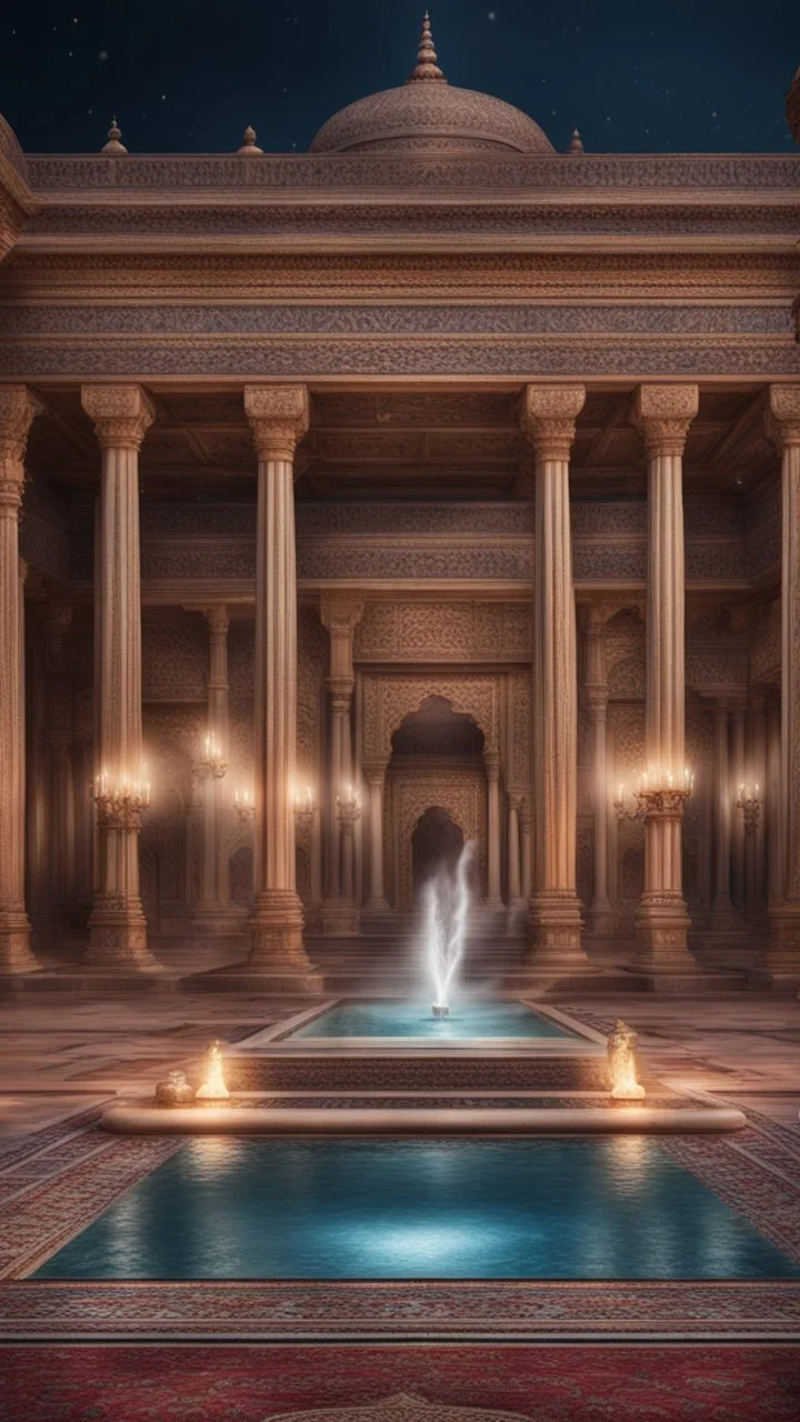 Hyper realistic detailed Outside historical indian palace with glass work on pillars with beautiful carpet & water fountain at night