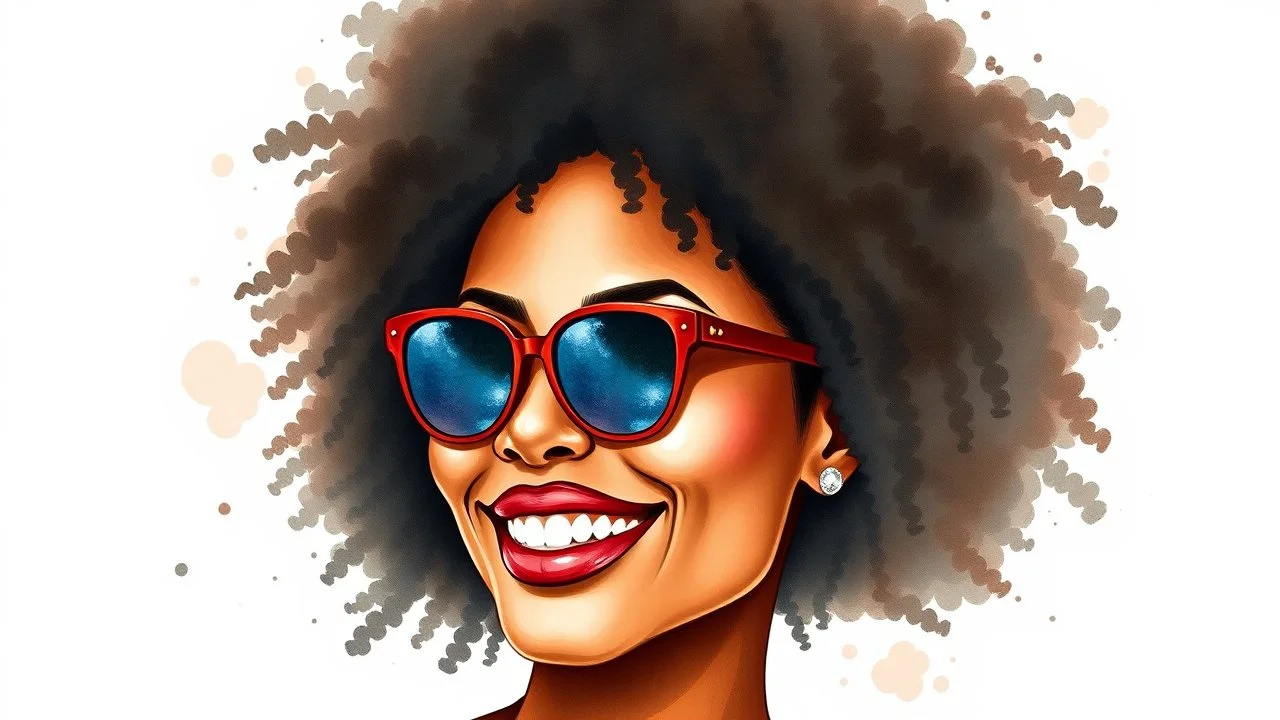 Watercolor happy american black woman sunglasses portrait head and shoulders