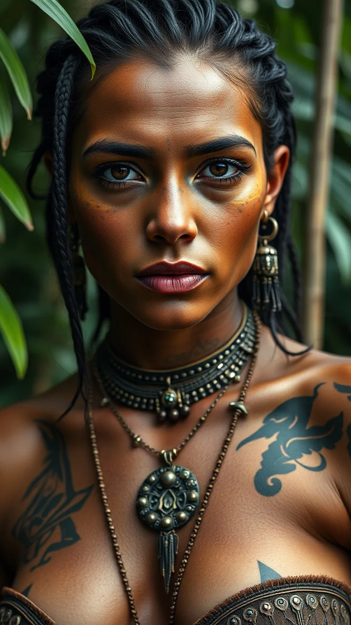 ultra HD shot of a strong young woman with Mayan features, tribal tattoos, textured copper skin, tribal jewelry, large, Background of the figure in a jungle environment.