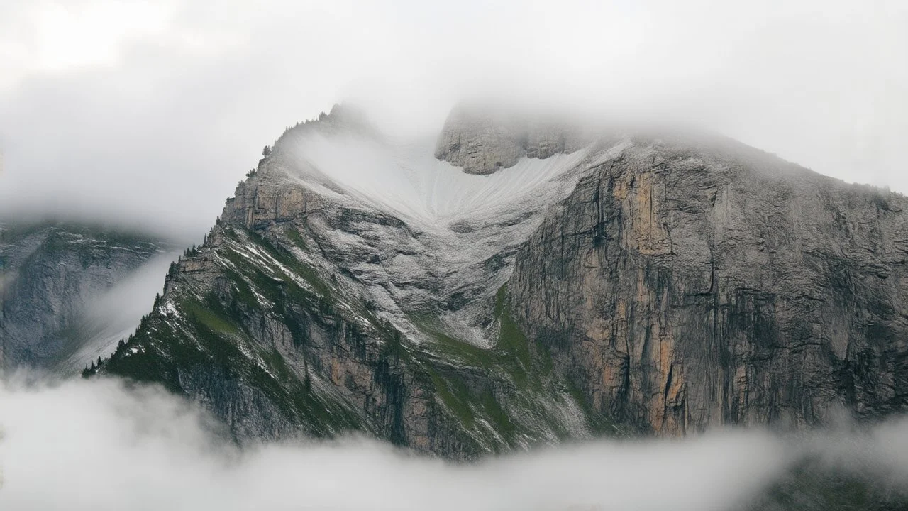 a massive sheer snowy mountain cliff with very sparse vegetationscaling vertically into the sky, partially obscured by dense clouds and mist. the borders — top, bottom, left, and right — fade smoothly into thick fog, while the center reveals the steep, rocky cliff face with fine texture and detail. atmospheric lighting, cinematic composition, natural colors, high contrast between fog and stone.