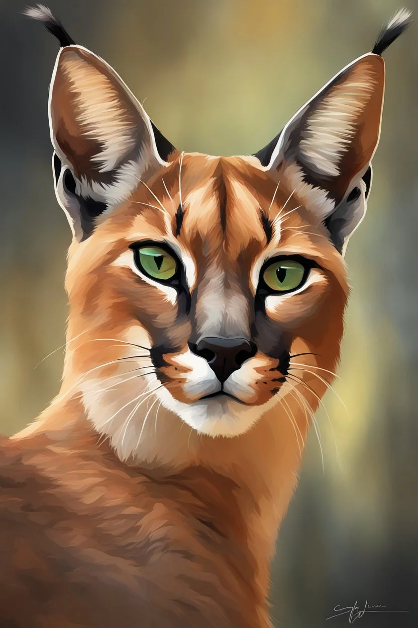 "Generate an AI paint art of a Caracal in a front-facing, half-body shot. Capture the captivating features of this wild cat, emphasizing its unique markings and intense gaze. Infuse the artwork with a sense of the caracal's grace and untamed beauty."