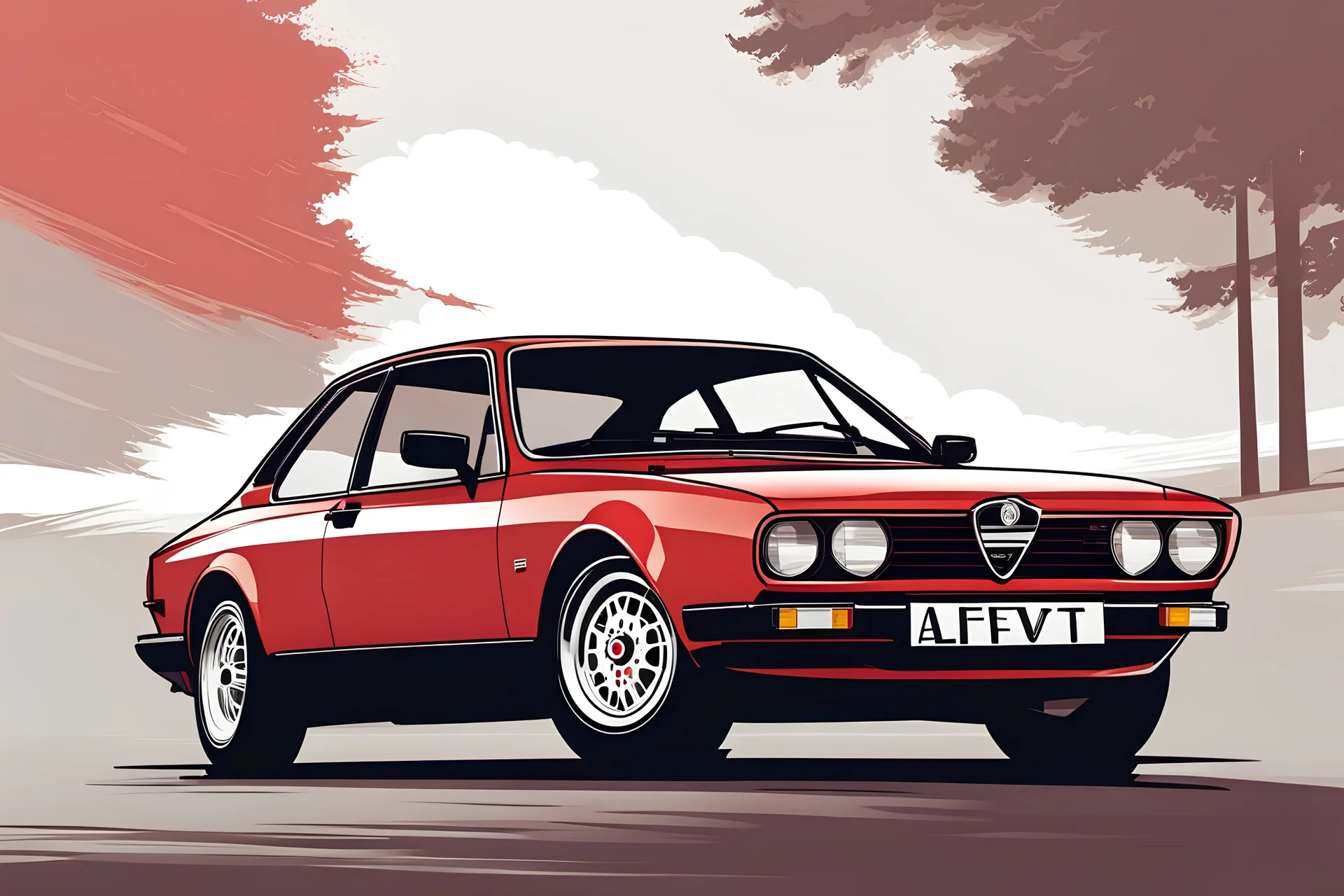 1983 ALFA ROMEO Alfetta GTV, Sketch, 2D, Comic Book, Minimalist, in the style of olly moss, shot from low angle