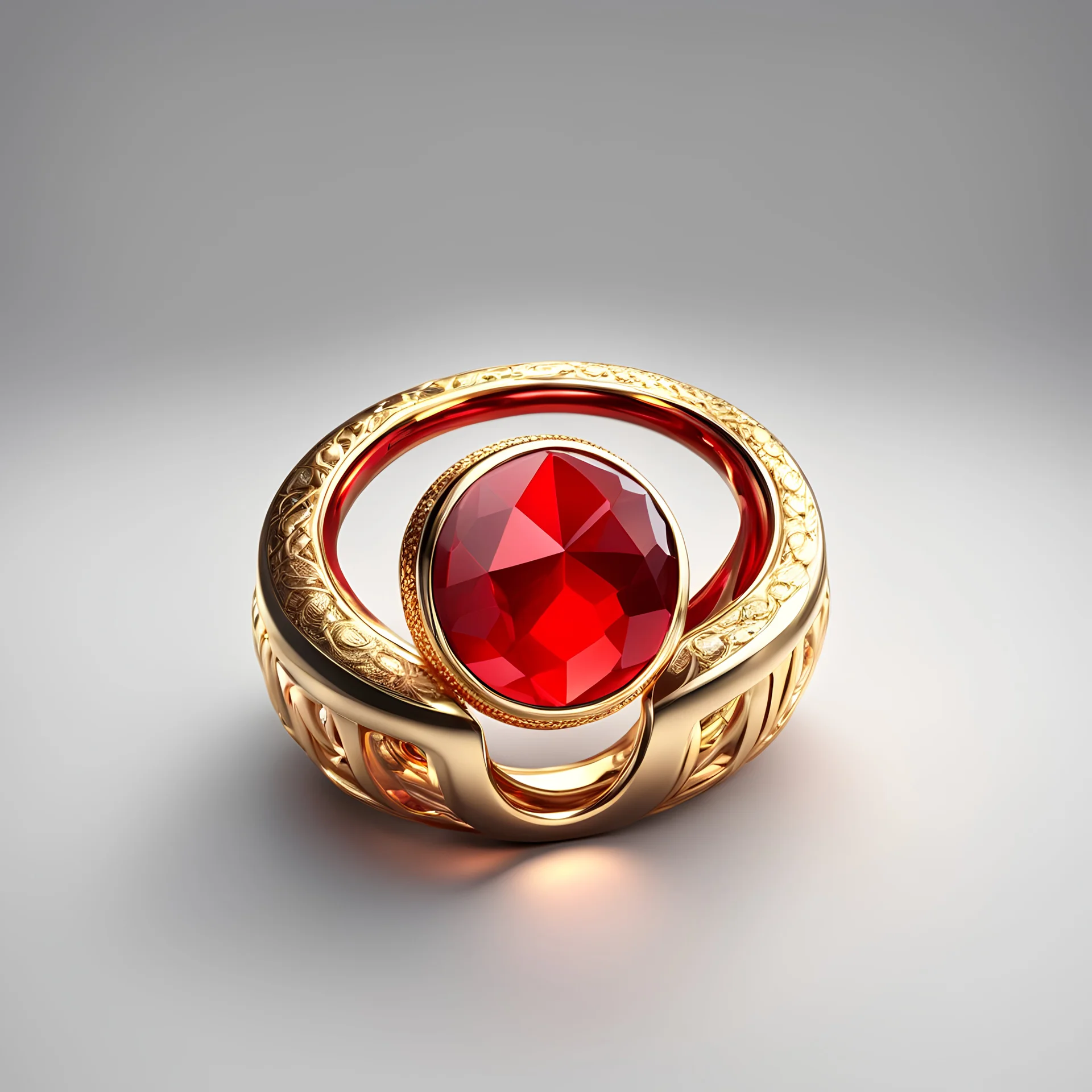 3d, octane, (((white background:1.4))), gold metal ring for mobile game, luminous snake-shaped gemstone, red rubies on the sides of the ring