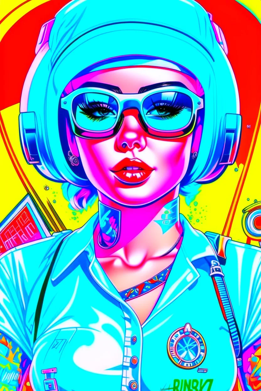 Retro-futuristic intricately drawn nurse Pin up Poster, detailed face. Beautiful woman. big retro sunglasses, body tattooed, bra, stockings, Full body hiphop street wear drip highly detailed, hyper detailed painting, complex, 8K, HD