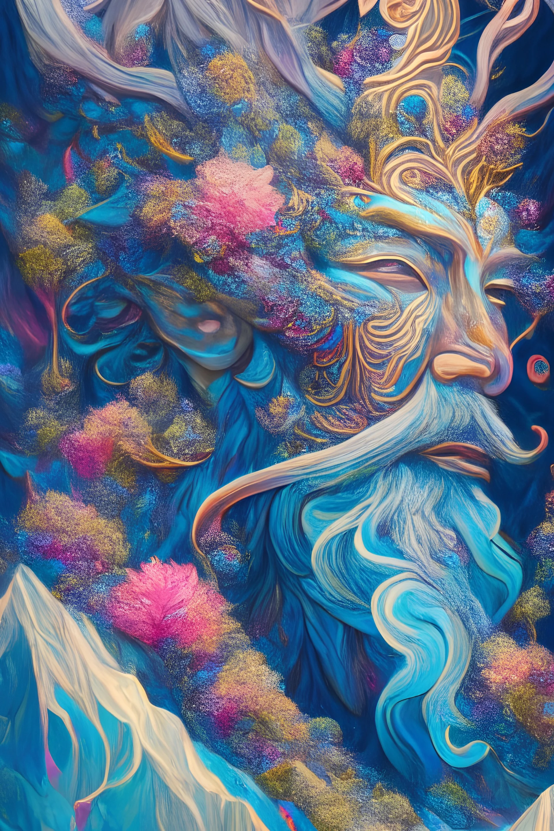 Sarruma, god of the mountains, in the styles of Chiamonwu Joy, and Flora Bowley, powerful, highly artistic, cohesive, stunning composition, deep Hyperfocal depth, f90, Hyper realistic, Hyper detailed, Post processing, Epic composition, lifelike, high pixel, exquisitely beautiful, flowing, ultra-high-definition 8k, Super crisp, lush colors, kandinsky.