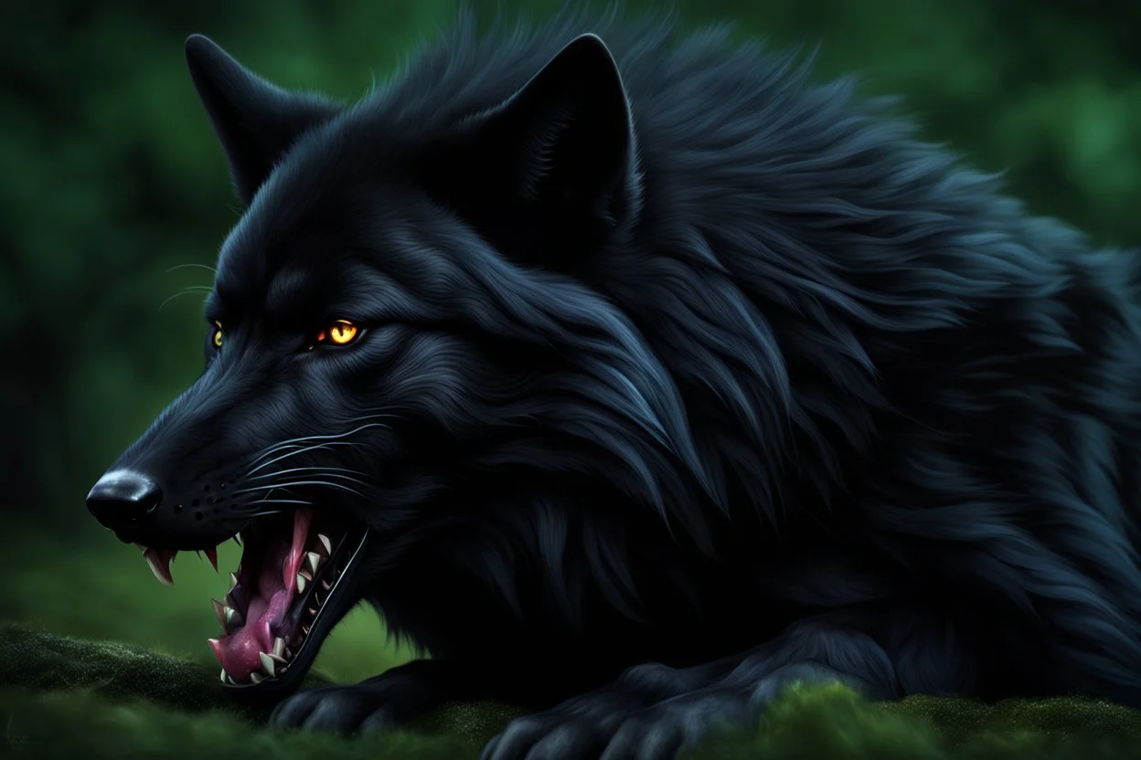 Large black wolf growling lip curled, Photorealistic, 4k, dark fantasy