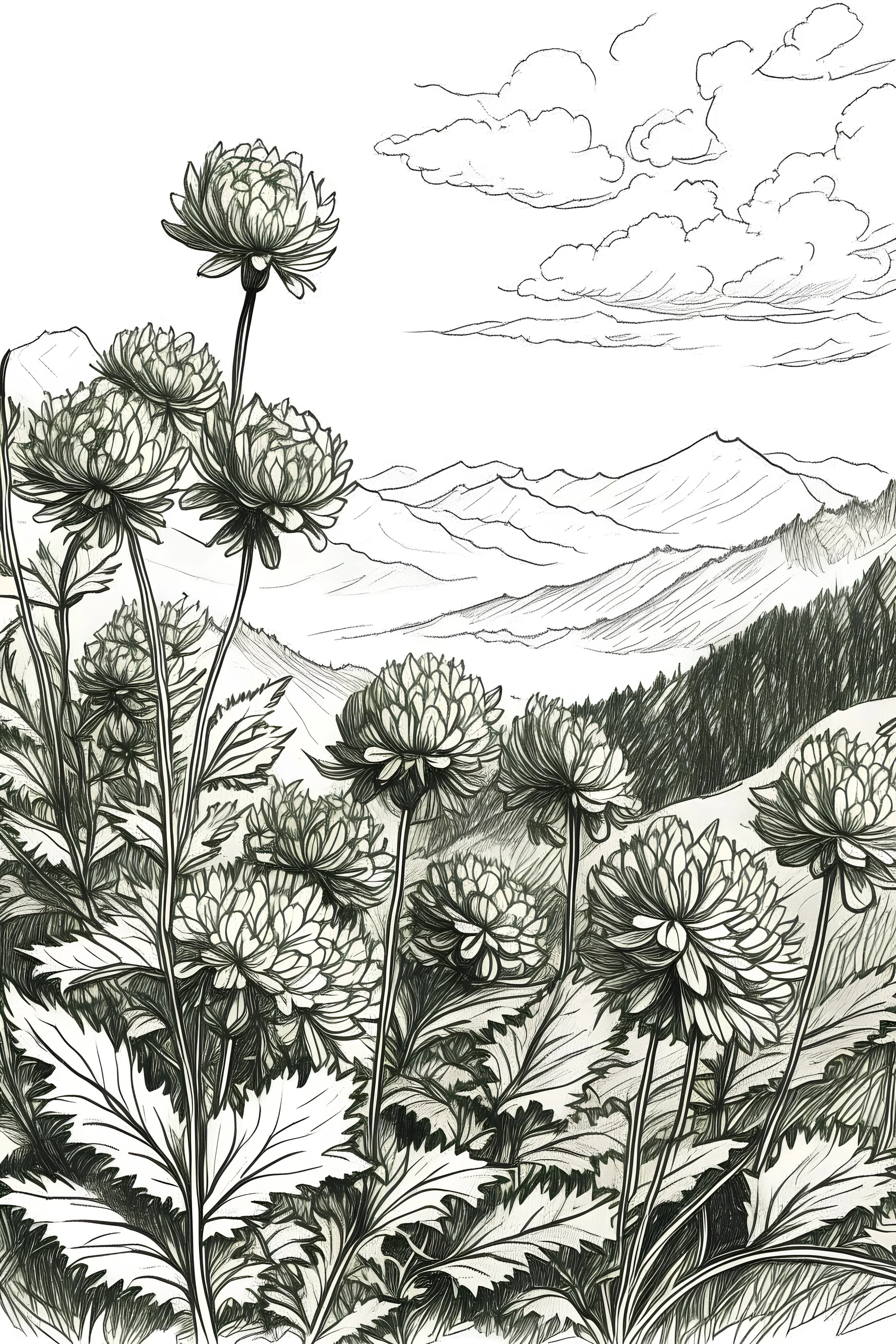 Flowers surrounded by mountains in the Mala Fatra, Slovakia, under Veľký Rozsutec mountain, sketch drawing