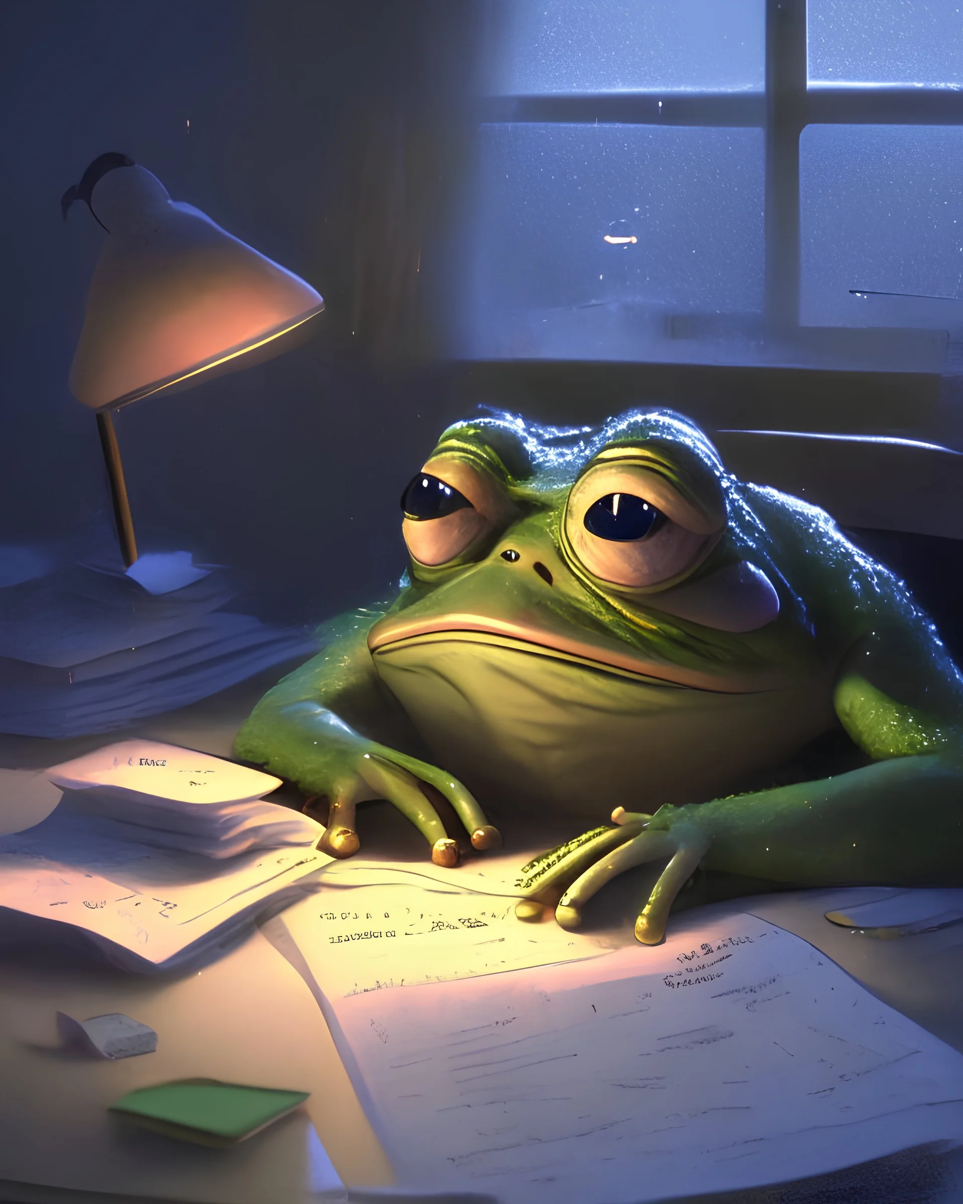 an exhausted pepe the frog commiting tax fraud, paperwork, desk, cozy, night- key lighting, soft lights, foggy, by steve hanks, by lisa yuskavage, by serov valentin, by tarkovsky, 8 k render, detailed, cute cartoon style, very cute face