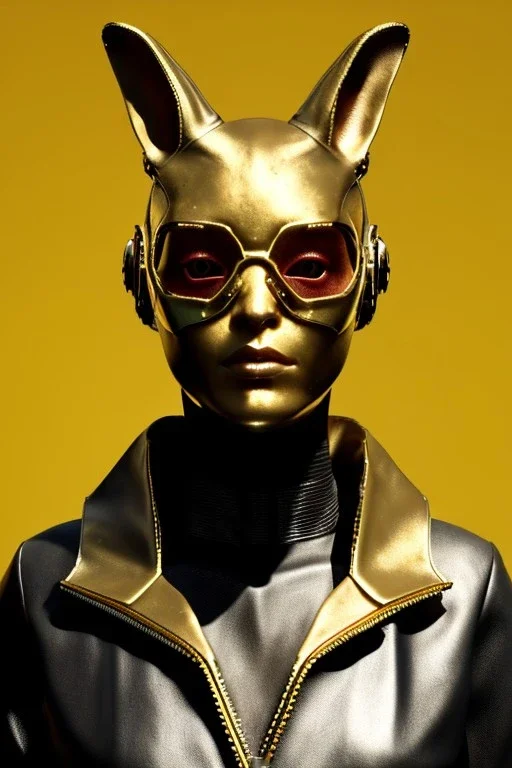 Medium Close Up Portrait, Front image. cyberpunk, rabbit mask, sweet woman, gold hair. Leather, feather suit. Yellow, red, color. Versace cyborg style. Color background, photo studio. Avatar image, highly detailed, concept art, smooth, unreal engine 5, ray tracing, RTX, lumen lighting, ultra detail, volumetric lighting, 3d, finely drawn, high definition, high resolution.