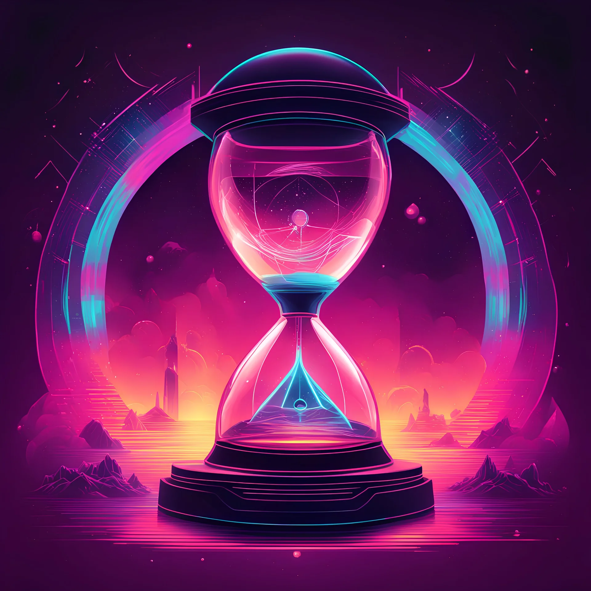 Digitalized hourglass, vector art, Neon space retro, vaporwave, by Petros Afshar, abstract art, maximalism, synthwave album cover, meditative brillance, by Arthur Secunda and Petros Afshar,