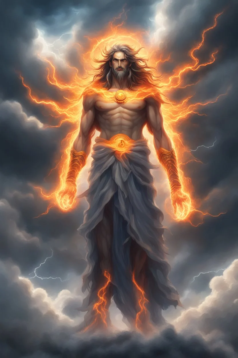 full body picture of a "god of the weather" who has long hair made of clouds. he also has glowing orange eyes that look like they're 2 suns. his body is made out of storm clouds with bits of lightning inside, his body also has glowing orange cracks all over it that look like they're made of the sun. he has greek god clothes on that are completely made of ice. his clothes also have an icy look to them as they shine in the sun