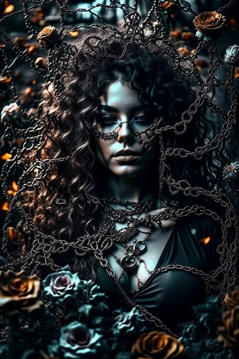 abstract creation of a beautiful girl with black curly hair, surrounded by black roses, thick metal chain broken, glass petals on the ground, autumn colours,dried out thorn bush, chaos,