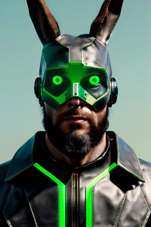 Medium Close Up Portrait, Front image. cyborg, cyberpunk, rabbit mask, strong man, long hair and beard. Leather suit army, leds. Green, black, color. camouflage style. Color background, photo studio. highly detailed, concept art, smooth, unreal engine 5, ray tracing, RTX, lumen lighting, ultra detail, volumetric lighting, 3d, finely drawn, high definition, high resolution.