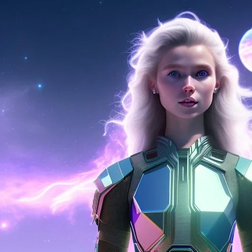 A portrait of a transparent crystalline girl,smiling, longs blond hairs, green eyes, galactic skirt, atmospheric, realistic, cinematic lighting, octane render, purple and blue sky, nebula, stars, planets in background, spaceship in background