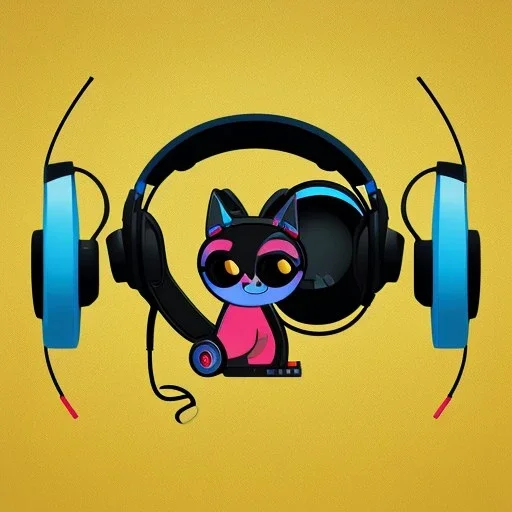 die cut sticker of cute cyber animal with headphones, artistic, flat illustration by bryen frost, cyberpunk, minimal, black background, vector style