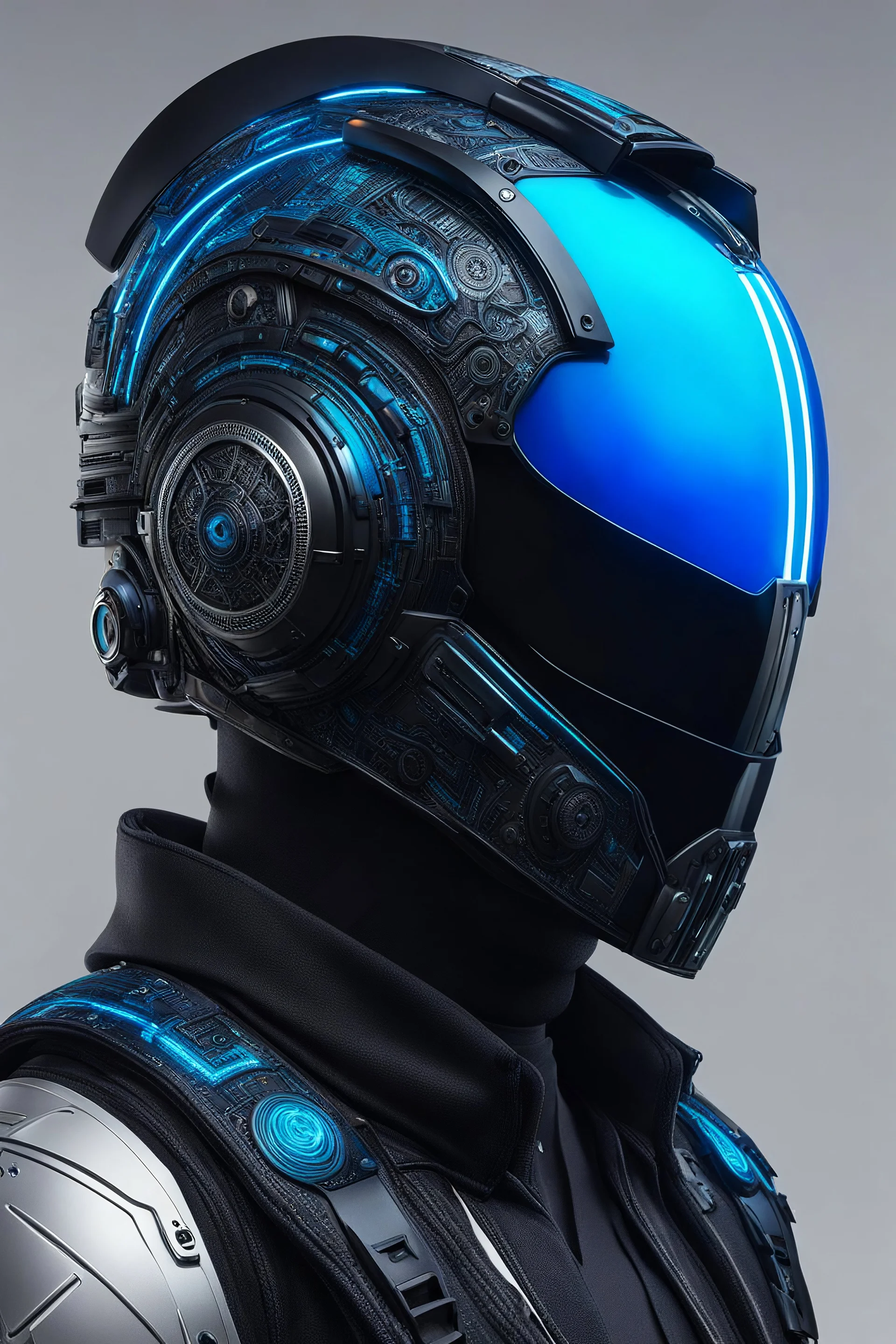 Someone wears a black glass Cyberpunk helmet , full helmet cover , Changshan, black and blue color, cyberpunk drawing style, neon, full body, intricate details, highly detailed, high details, detailed portrait, masterpiece,ultra detailed, ultra quality