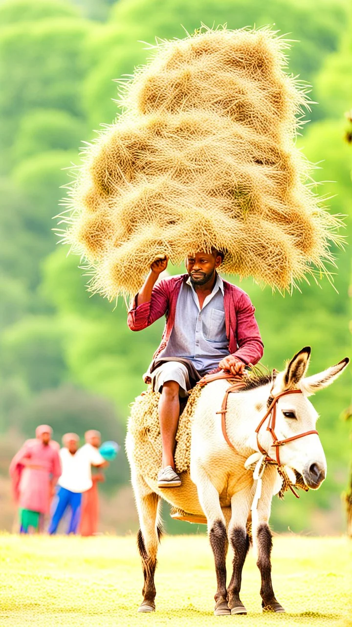 A man sitting on donkey and putting bunch of grass on his head