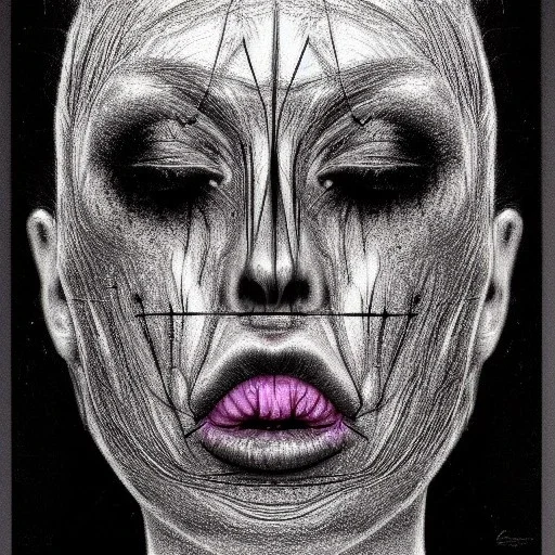 Silver on black paper portrait of female face of migraine, face distorted with pain, reverse colors, screaming, tears streaming from eyes, colorless, glitchcore, dystopian, horror, ultra realist texture, intricate line drawing,