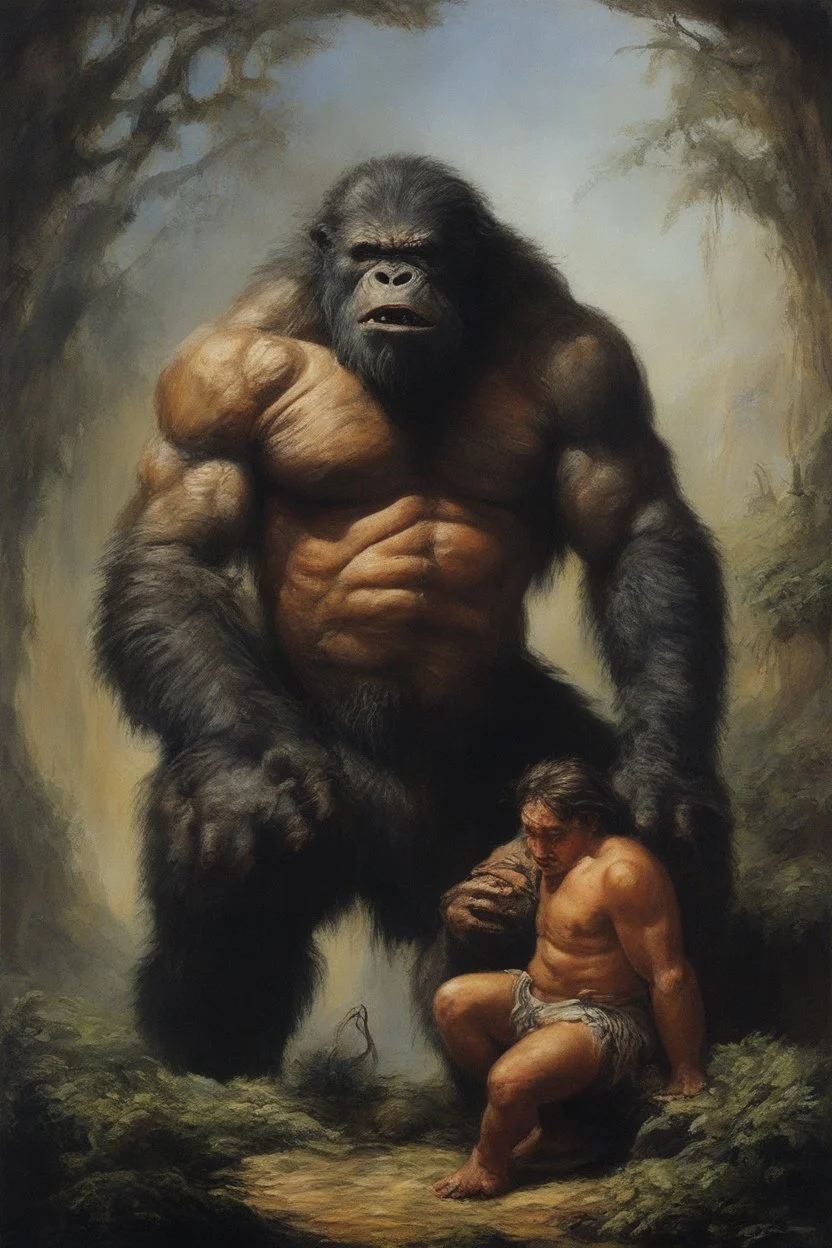 Bilbo Baggins and Tarzan and an extremely ugly abomination of the Ratman bat werewolf gorilla monster barbarian sad sack - oil painting by Boris Vallejo