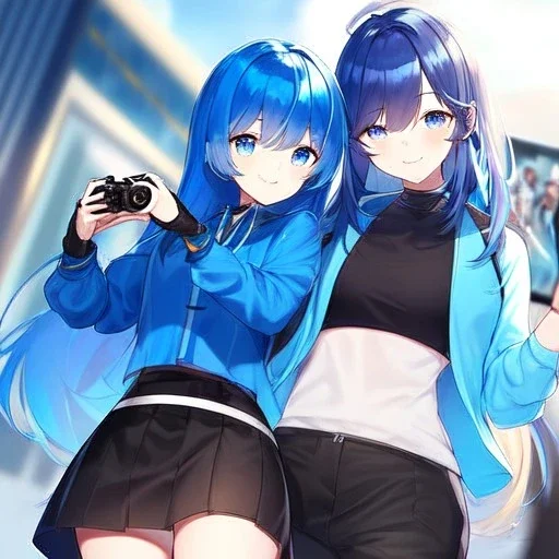 Clear focus,High resolution, Vibrant short blue hair, Vibrant blue eyes, Wearing a black short skirt,black crop top sleevelss,blue cut sleeves,black fingerless gloves, Smiling,Long bangs, Smiling, Holding the camera