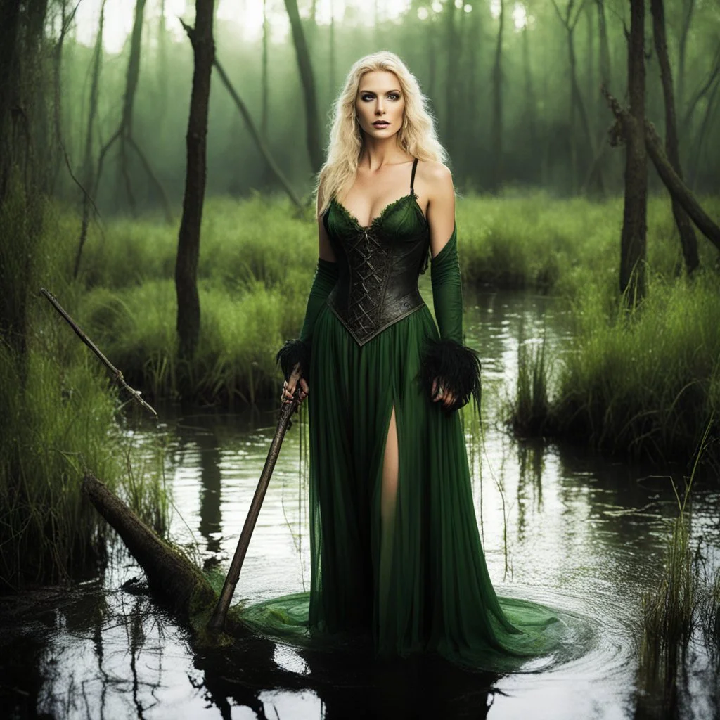 Amanda Harrington as a medieval attractive witch in the swamp, in her agent provocateur light dress