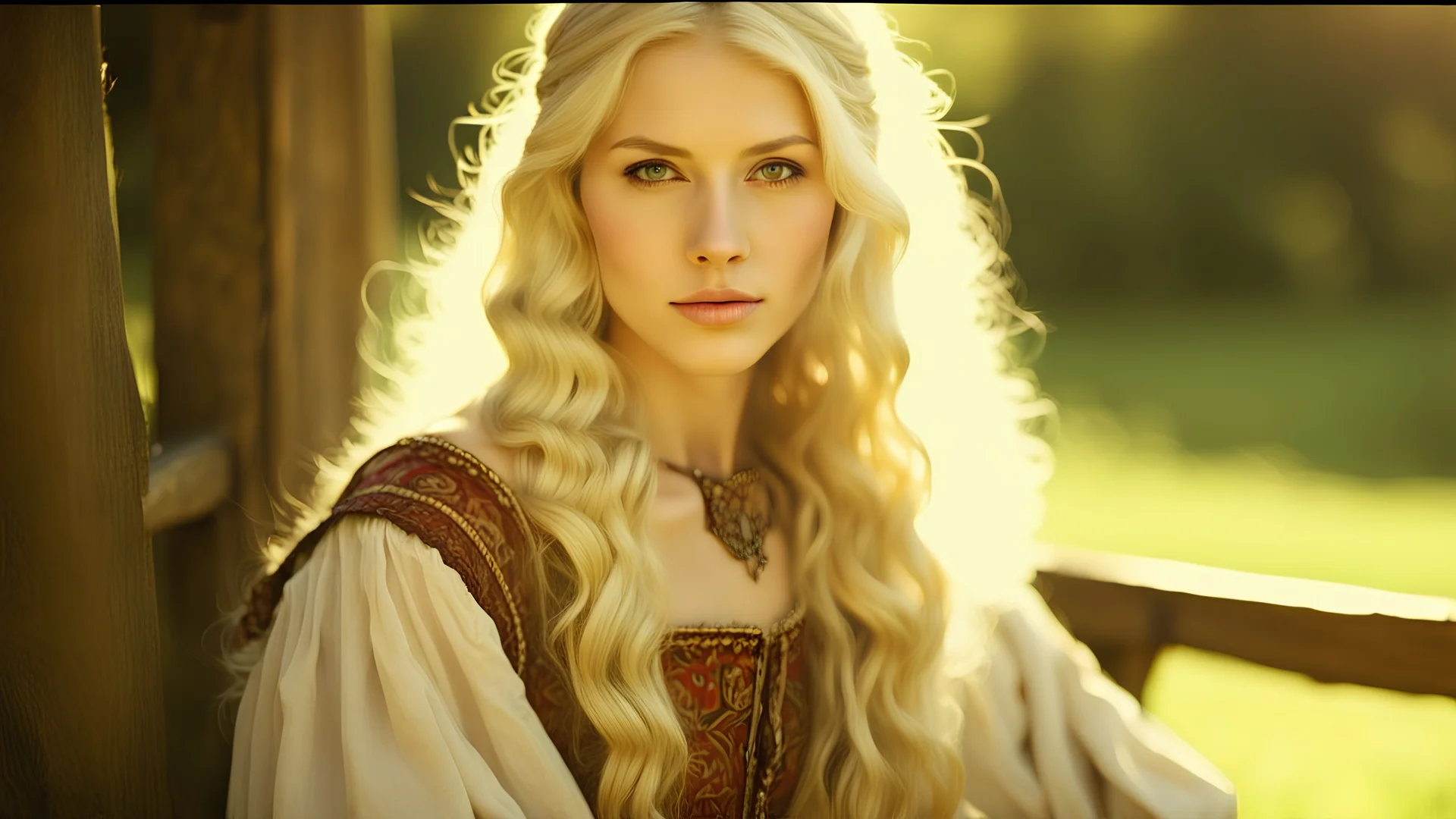 Sharp focus and high resolution closeup of a beautiful and slender caucasian 17 year old girl with long wavy platinum blonde hair. She is wearing a medieval peasant dress with a coset. She is seated at a spinning wheel gazing at the viewer. She has a cute nose, detailed full lips, skin texture. Natural lighting and low contrast. Face framed.