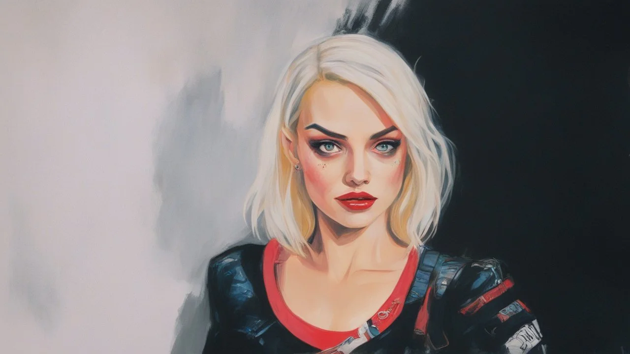 Suicide Squad Harley Quinn Margot Elise Robbie Pop Art psychology oil paiting In depth psychology display Roy Fox Lichtenstein style, dream, symptom, image in the background in the city artgerm display Gustav Klimt style artgerm display in the Barcelona the 2024th century oil paiting. and the city itself seemed like a big illusion, full of light and shadows. Barcelona city the 2024th century