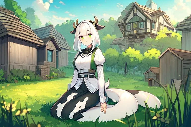 Farm, green grass, house, girl,white hair , sit on grass, cow's tail, cow's horne , cow's under stomach