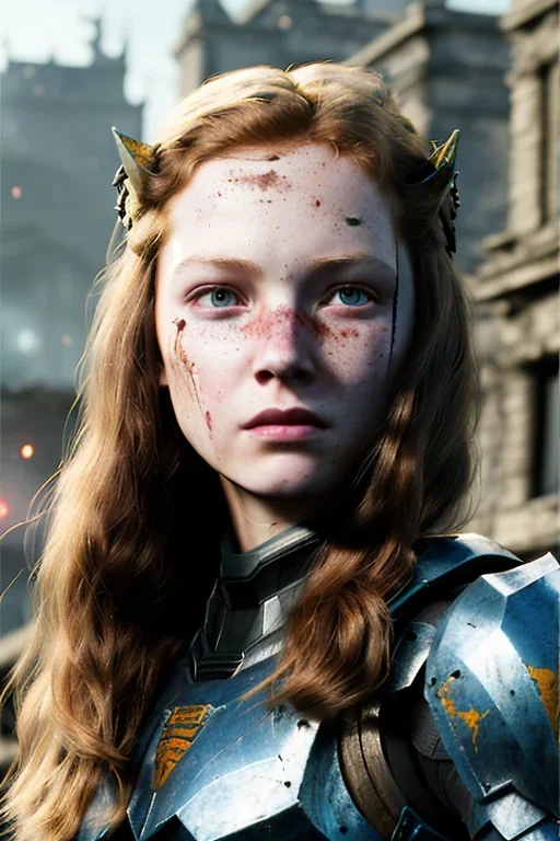 ultrarealistic, concept art,ruined city,__intricate fantasy armor__, no star, __angles__, 13 year old girl, strikingly beautiful,ginger hair, _colour_, (pale __skincolor__ skin:1.2), __camera__, long hair, detailed face and eyes, medium breasts, sci-fi theme, freckles, dynamic pose, resolved expression, __accessory__, strappy outfit, (straps:1.1), sword in scabbard on left hip, (buckles, buttons, snaps, rings:1.0), haltertop style breastplate, detailed eyes, plump lips