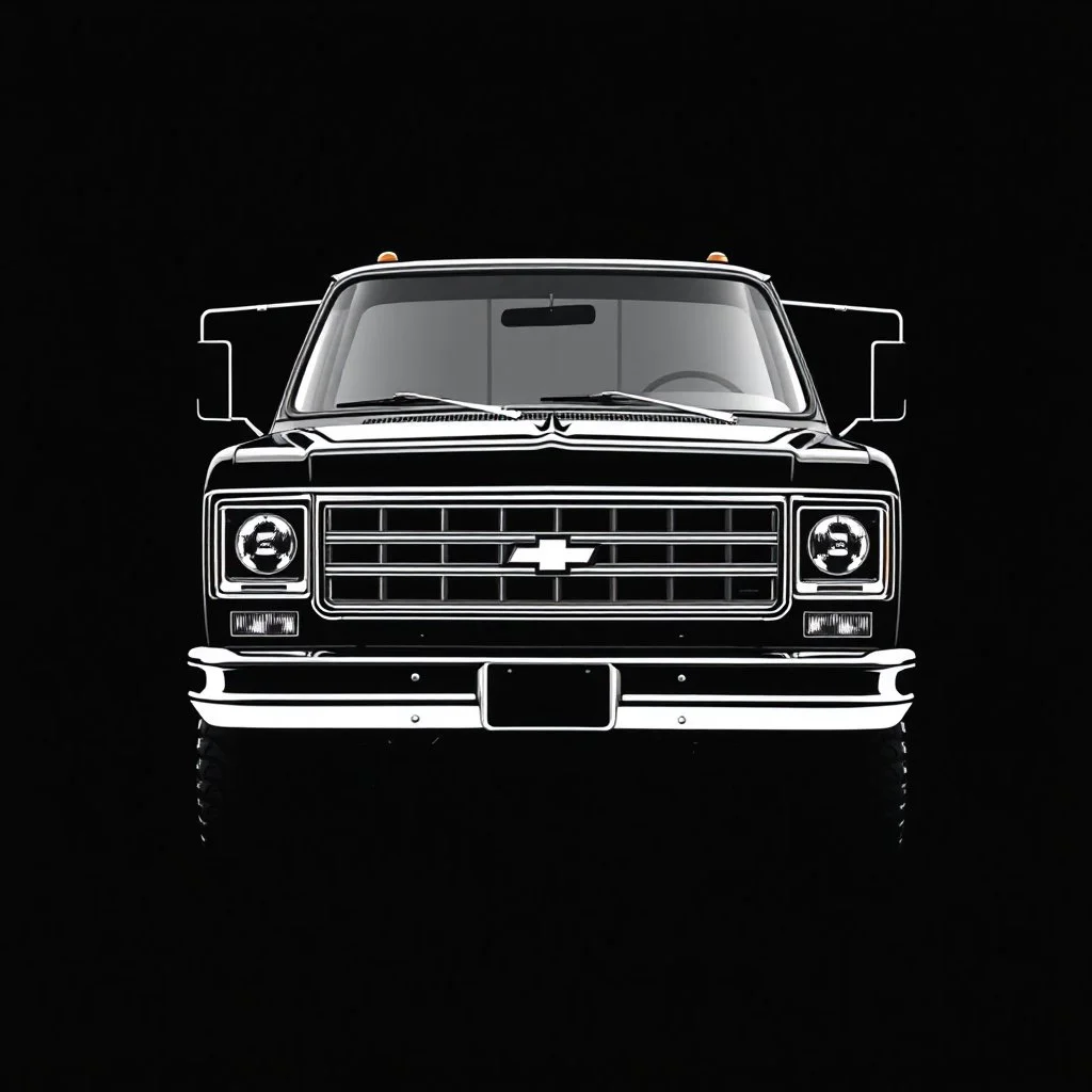 1970s Chevrolet square body truck facing a little to the left, black background, high contrast black and white vector