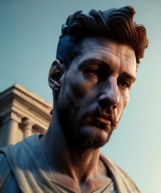 Gran angular, Realistic image, roman sculpture, marble material, Lionel Messi with Laurel wreath model, miguel angel style, God light, god rays, 4k resolution, perfect details, ornate details, soft lighting, unreal engine 5, soft cyan background.