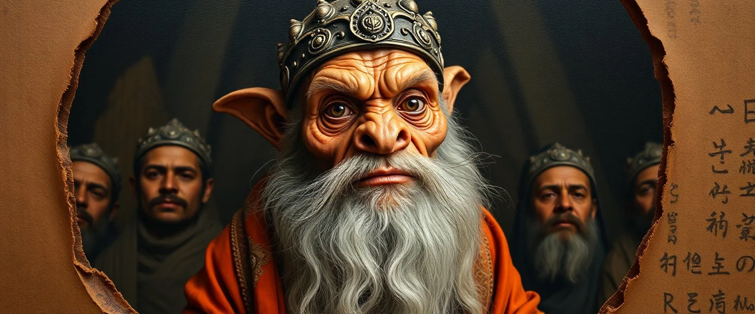 pin hole cam, master oil painting by Rembrandt,ohm ri shi lahkshmi super guru with lots followers looking like a salmon dog orc troll gremlin yoga guru, brown paper with rolled up burnt edges, he just heard something peculiar