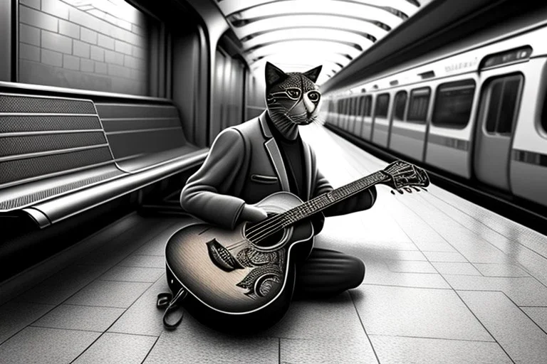 One single mature cat, guitar case, wearing clothes, sitting in the subway, Vienna, friendly, sunny day, model style, hyper realistic, extremely accurate, delicate, extremely detailed, Graphic novel style, wide-angle, open aperture, superfine pencil