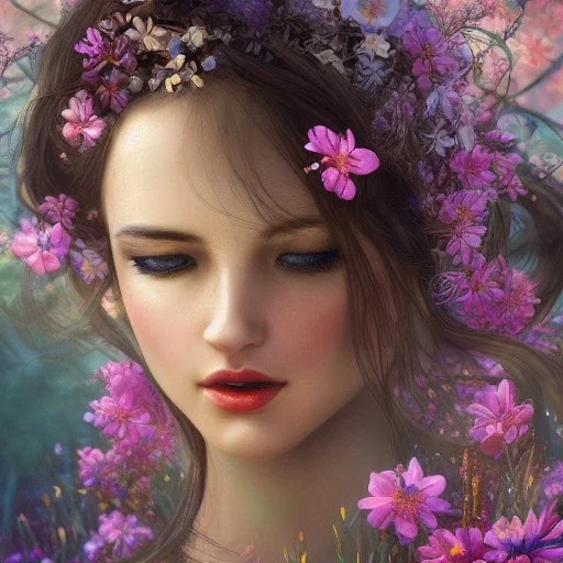 realistic face, Beautiful goddess of spring,delicate flowers, intricately beautiful face, knees up portrait, "in the style of Laura Sava, deep color, fantastical, intricate detail, splash screen, complementary colors, fantasy concept art, 8k resolution, Unreal Engine 5"