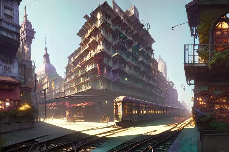 Elevated Train corner building+train+greengrocer in colorful genoa street+Italian medieval town +Italian city sea+alphonse mucha, greg rutkowski,matte painting, cryengine, hyper detailed, felix kelly, fantasy art, seb mckinnon