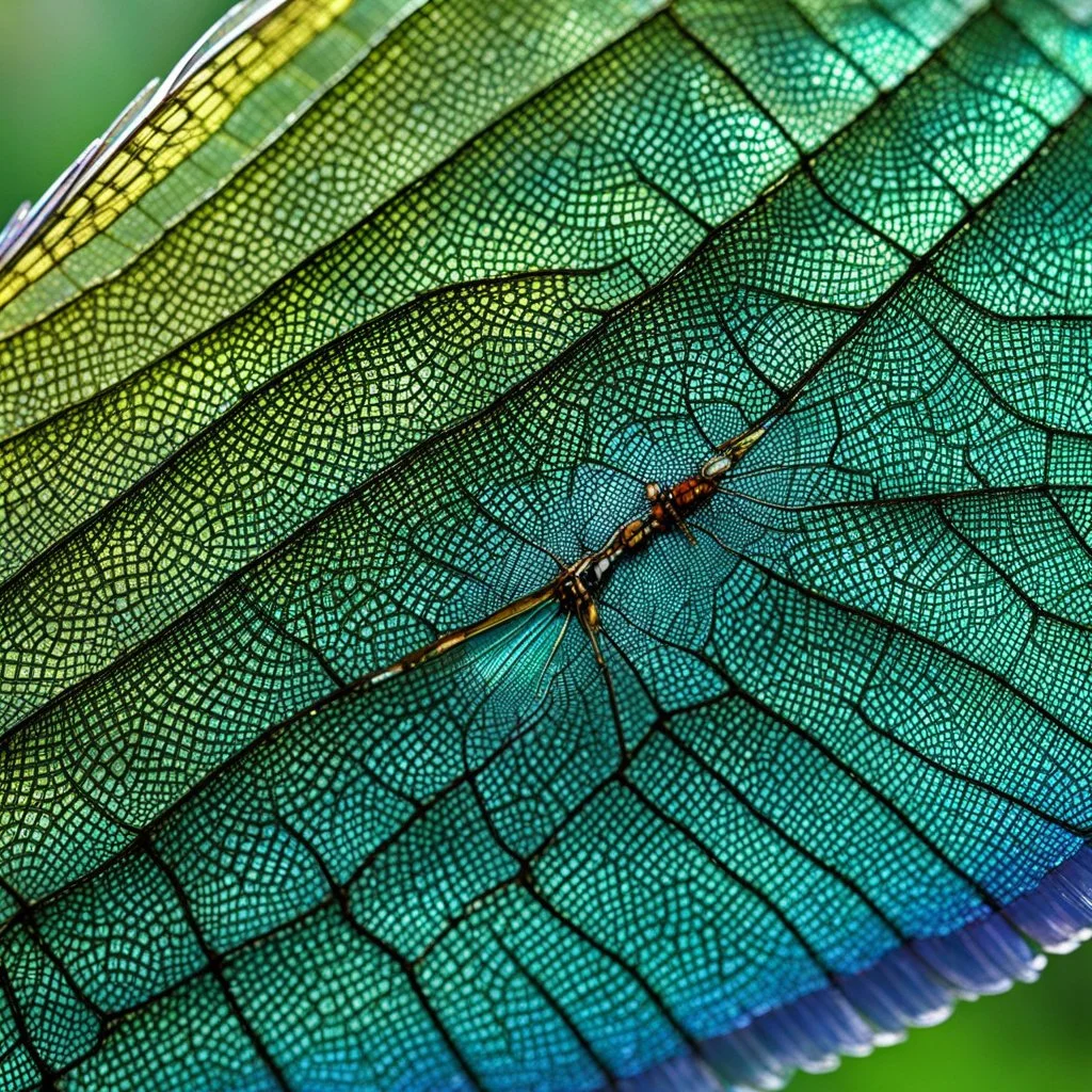 [zoom macro view close-up] a close-up view of a dragonfly wing. Imagine delicate filigree, intricate patterns etched in gossamer. The wing glistens in the sunlight, a filter of colors shimmering as the dragonfly hovers in mid-air. Each vein and cell of the wing is a work of art, a masterpiece of nature's design. It's like staring into a stained glass window