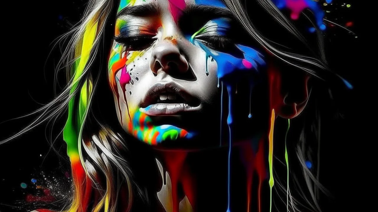 Create for me a picture of a girl's face that will show a background that is colorful and screams with joy and suddenly her whole life has been destroyed and there is no hope for joy and she despairs of everything and everything has turned black and his face is turned off and expresses sadness crying and pain the exact opposite Combine all these feelings in one picture that shows a beginning and a change