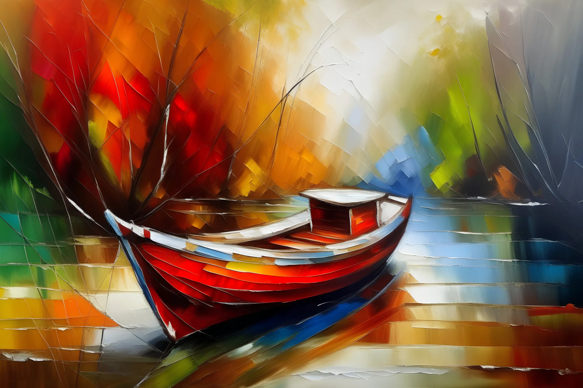abstract painting boat by the river
