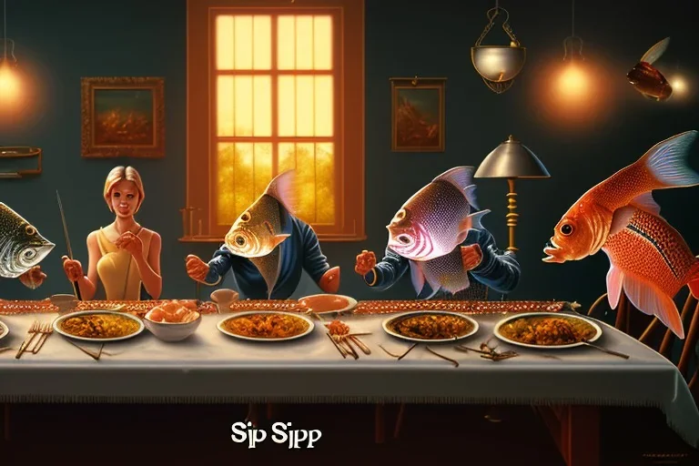 supper, fish sit at the table and eat pieces of people.