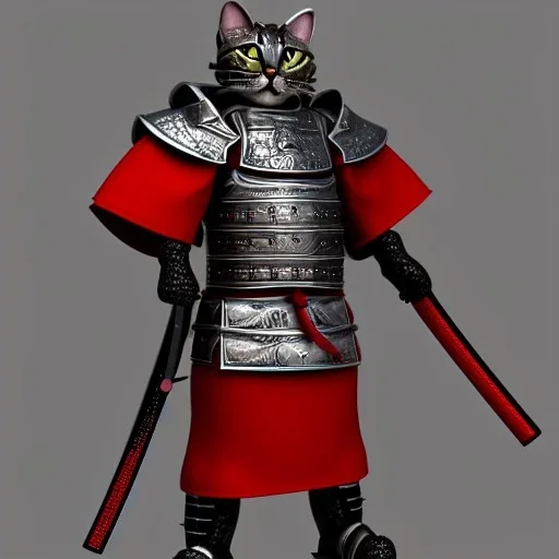 Personnage détaillé, chat, anthropomorphique, habillé comme un samurai, armure très détaillé, rouge, argent, modélisme 3d