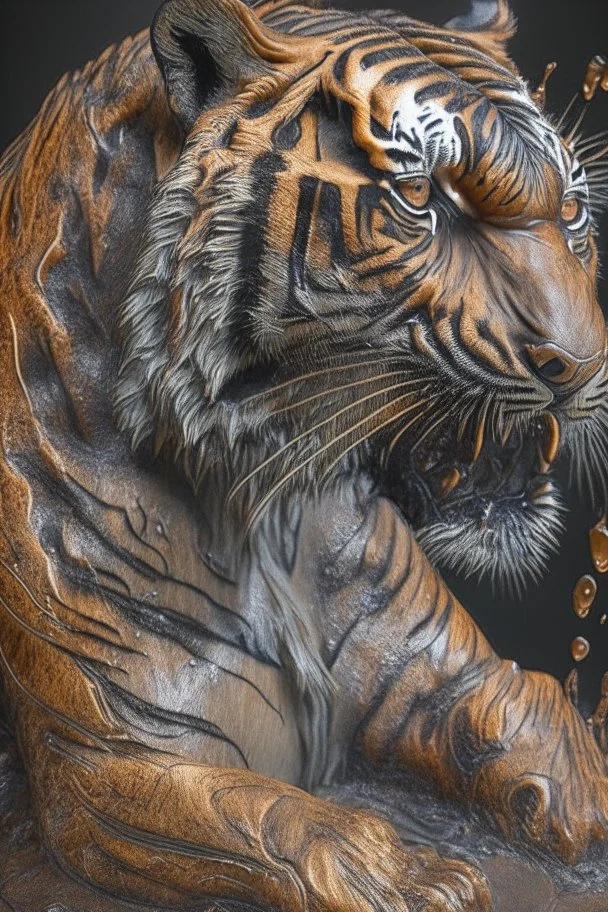 a full grown hyper-realisitc tiger melting like wax, hyper-realistic natural form, full body, highly detailed melting details, emotional expression, detailed emotions, hyper detailed melting of the animal to the ground, engraved fur details, anatomically correct animal, dark colour tone, epic colour treatment, cinematic colour treatment, meticulously intricate perfectly symmetrical extremely detailed, pixiv daily ranking, pixiv, extreme depth of field, artstation, sculpture style, spec