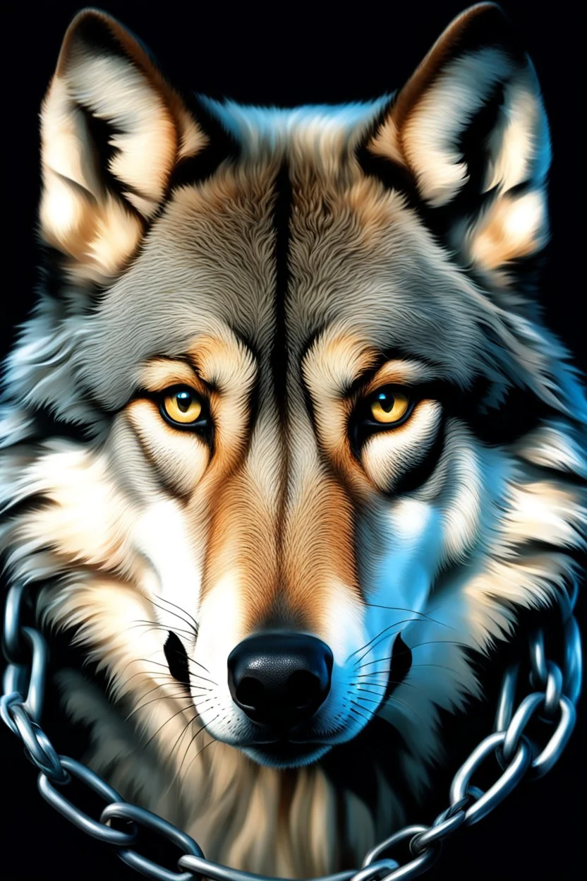 large wolf with a chain around its neck, photorealistic