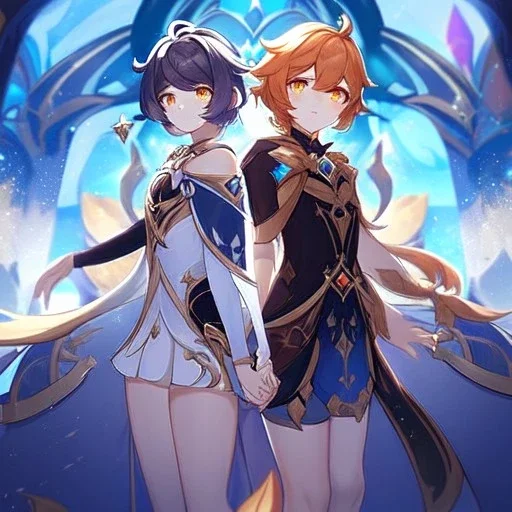 potrait of genshin in genshin ((genshin)) ((genshin ingame outfit)) wearing a short skirt, black short hair, orange eyes, wearing a fantasy outfit