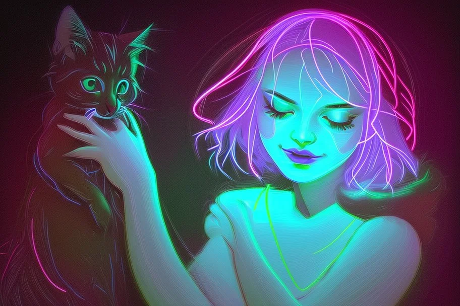 black light art, neon lines, contented brunette woman with fluffy kitten seeking something in the distance