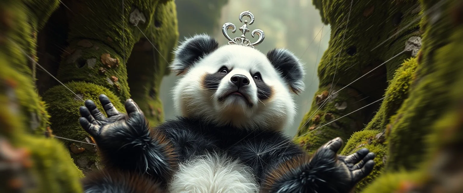 the high speed magical face of a fluffy panda yoga with charm and head set in web from mossy tower, master oil painting by Rembrandt and Escher, in his moss covered space ship , brightened edges to give a sense of depth, motion blur