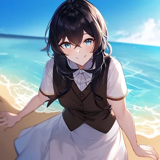 Clear focus, High resolution, black short fluffy hair, long locks, smiling, wearing a brown vest on top of a white skirt, wearing a blue short skirt, at the beach, cinematic lighting