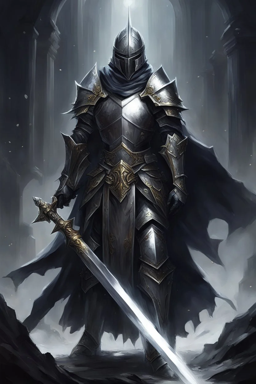 holy knight paladin in dark silver armor and masked helmet and a cape wielding a sword in abyss