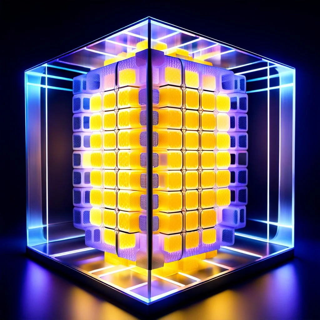 futuristic translucent neurocube, inside the cube there are perpendicular partitions of honeycomb plates, ambient lighting