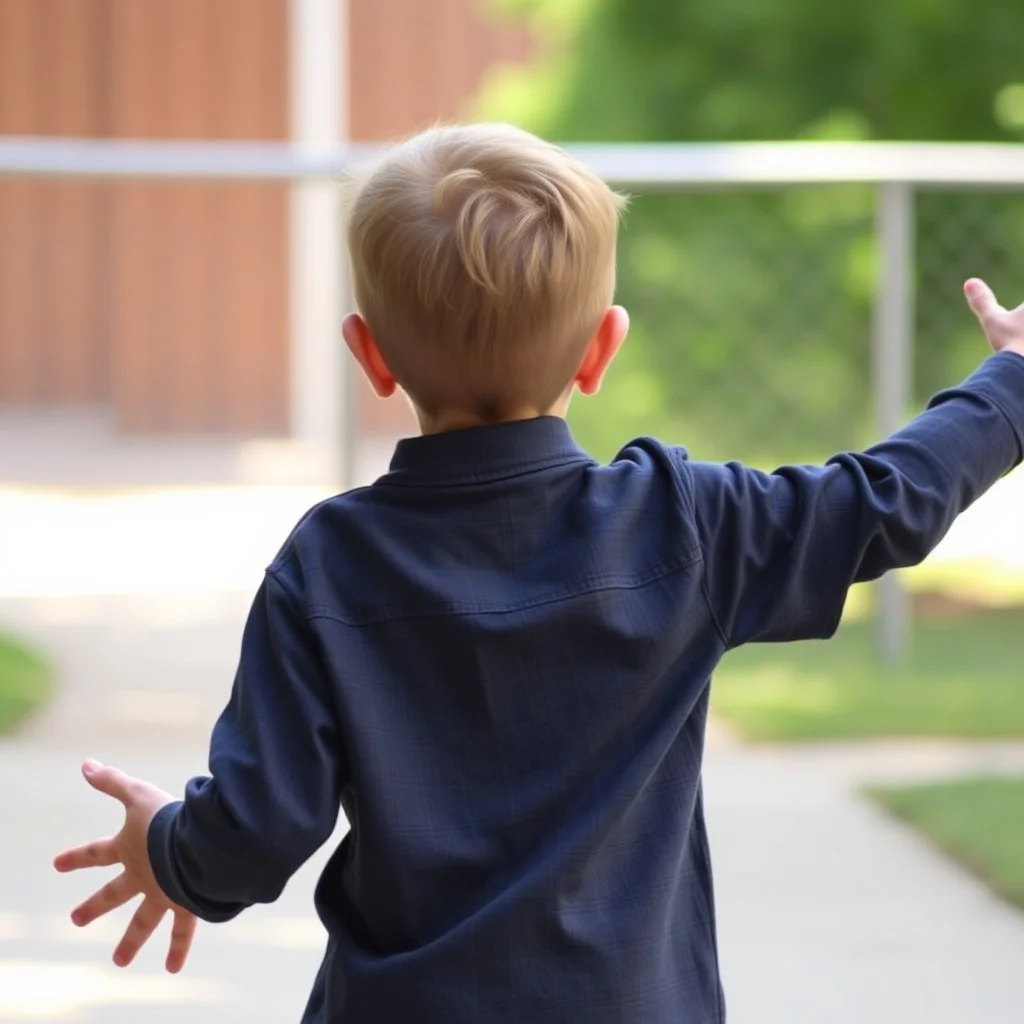 12 year old boy from behind with arms outstretched