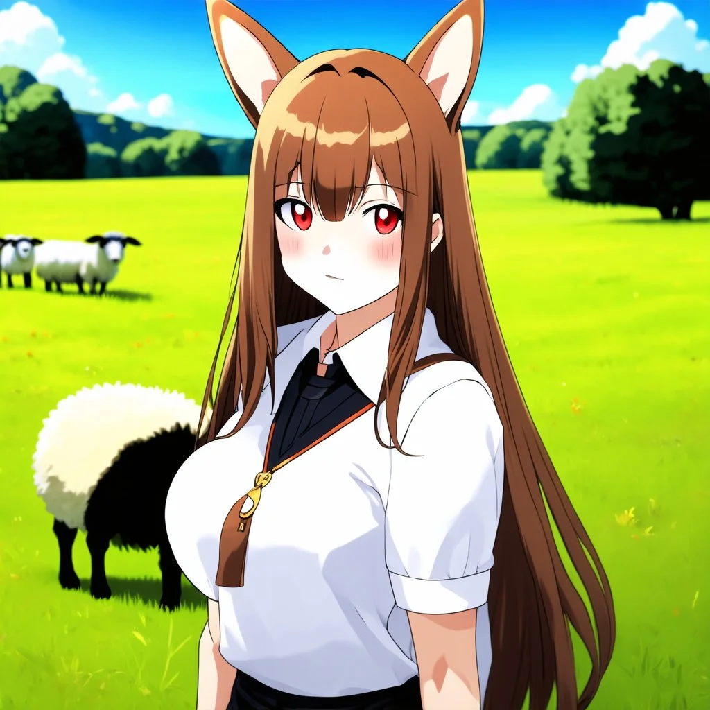 an arrogant, confident young woman with long brown hair, red eyes, pale skin, corgi ears and tail, anime style, sheep in a field for the background, intricately detailed, high definition, 4k, photorealistic